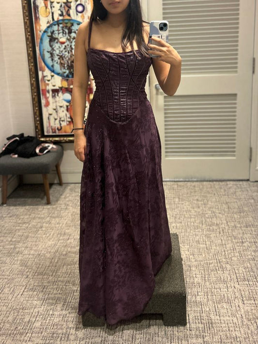 Elegant Spaghetti Strap Sheath Grape Long Prom Dresses Jacquard Satin Grape Evening Dresses ED04851