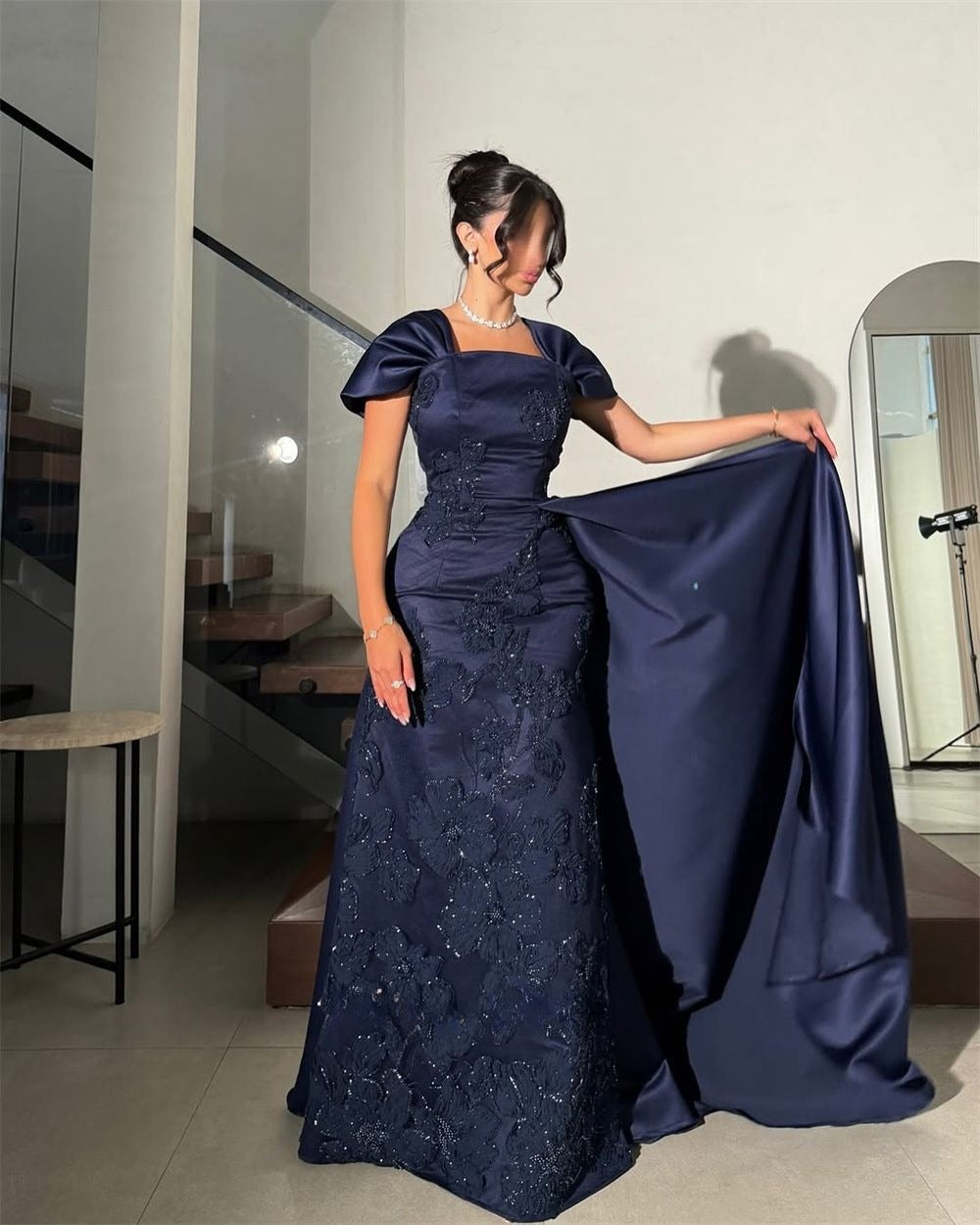 Elegant Square Neck Sheath Navy Blue New Year Evening Dresses Satin Applique Navy Blue Wedding Guest Dresses ED04854