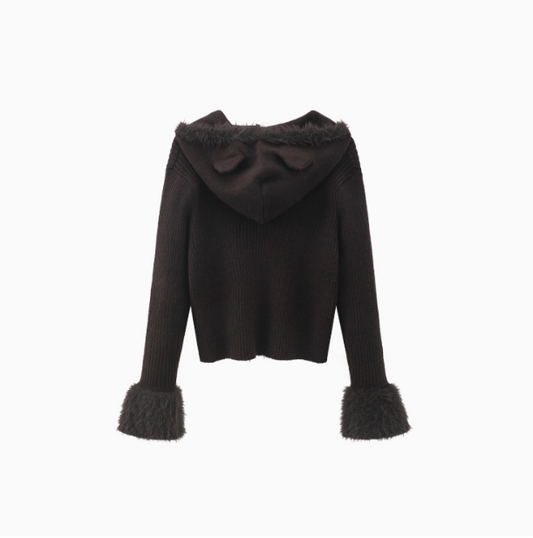 Hot Girl Style Coffee Cat Ear Hooded Knitted Cardigan ED0485