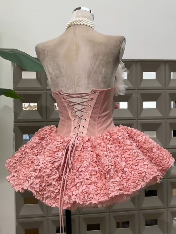 Cute Strapless Ball Gown, Pink Short Prom Dresses, Tulle Applique Pink Birthday Dresses, Sleeveless Homecoming Dresses ED04869