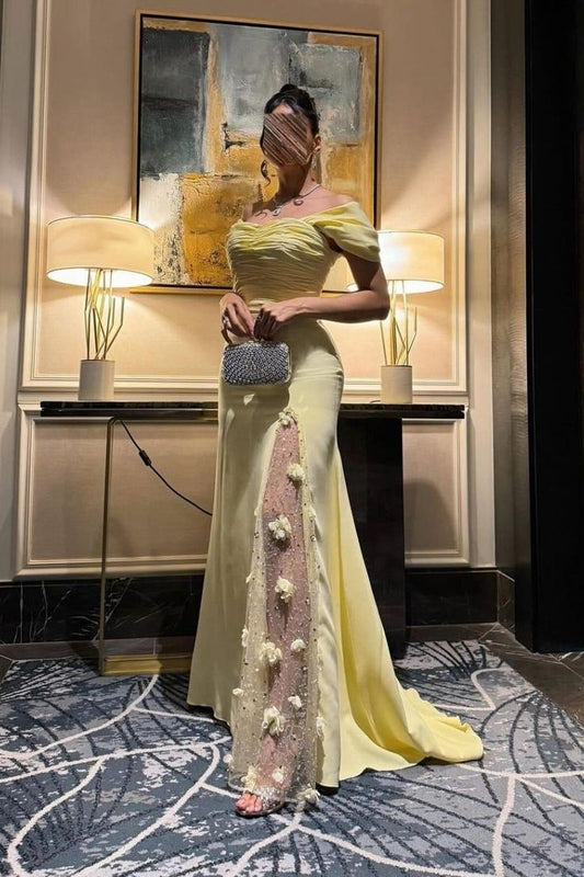 Glam Off-the-shoulder Sheath Yellow Long Prom Dresses Chiffon Lace Evening Dresses Butter Yellow Wedding Guest Dresses ED04874