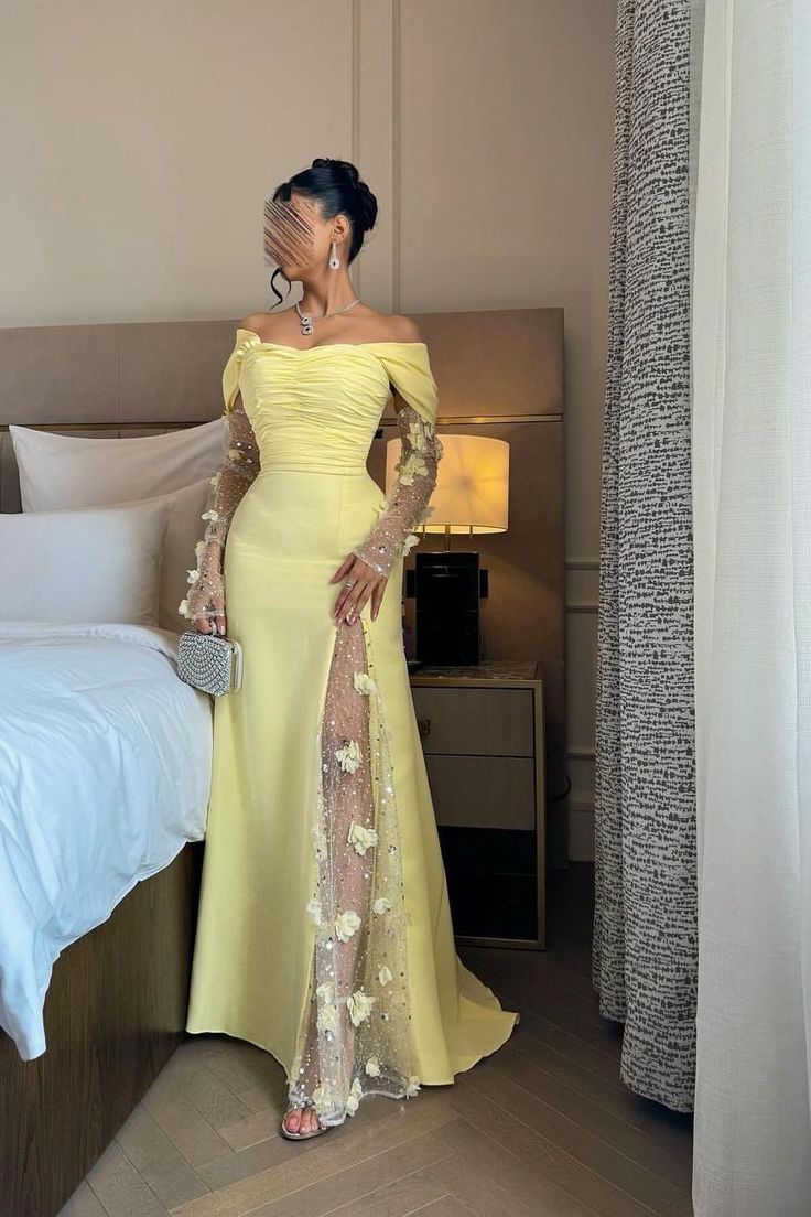 Glam Off-the-shoulder Sheath Yellow Long Prom Dresses Chiffon Lace Evening Dresses Butter Yellow Wedding Guest Dresses ED04874