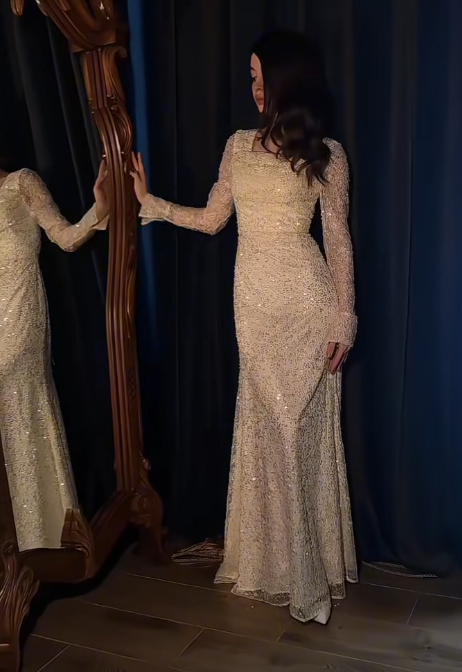 Elegant Square Neck Sheath Pale Yellow Long Prom Dresses Lace Sequin Pale Yellow Wedding Guest Dresses Long Sleeve Evening Dresses ED04877