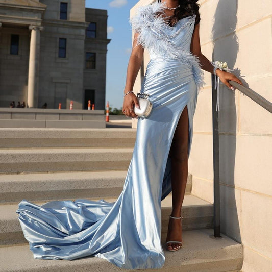 Elegant Sweetheart Sheath Blue Long Prom Dresses Satin Blue Long Evening Dresses ED04887