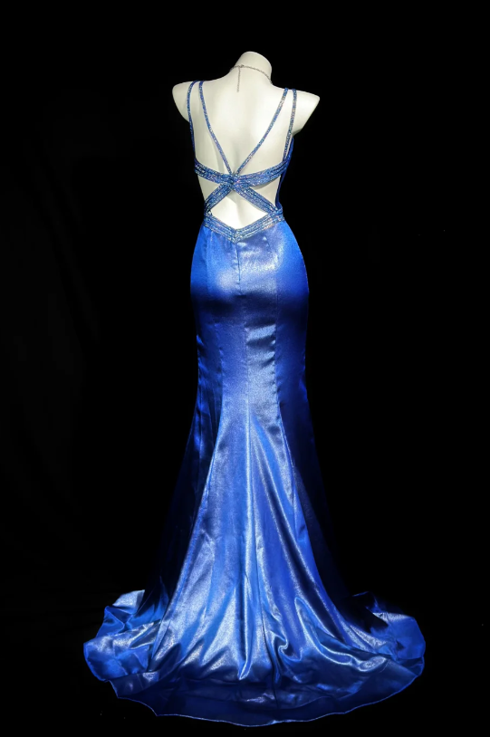 Vintage V-neck Mermaid Blue Long Prom Dresses Satin Blue Long Evening Dresses with Open Back ED04892