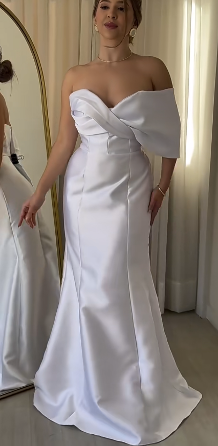 Elegant One Shoulder Mermaid Long Prom Dresses Satin White Wedding Guest Dresses White Evening Dresses ED04893