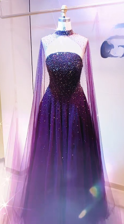 Glitter Strapless A-Line Dark Purple Long Prom Dresses Beaded Chiffon Dark Purple Long Evening Dresses ED04894