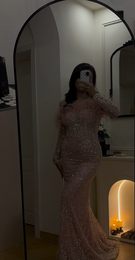Elegant Off-the-shoulder Mermaid Long Prom Dresses Tulle Applique Pink Long Formal Dresses Long Sleeve Evening Gowns ED04896