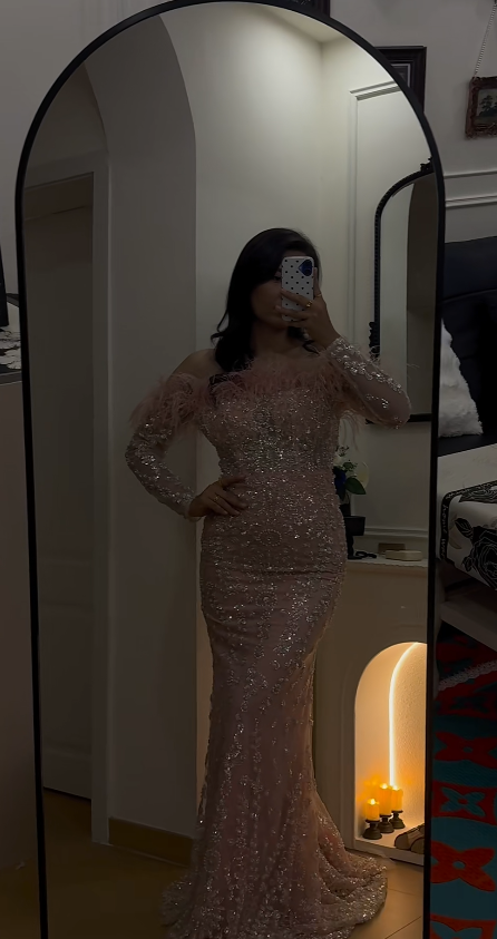 Elegant Off-the-shoulder Mermaid Long Prom Dresses Tulle Applique Pink Long Formal Dresses Long Sleeve Evening Gowns ED04896