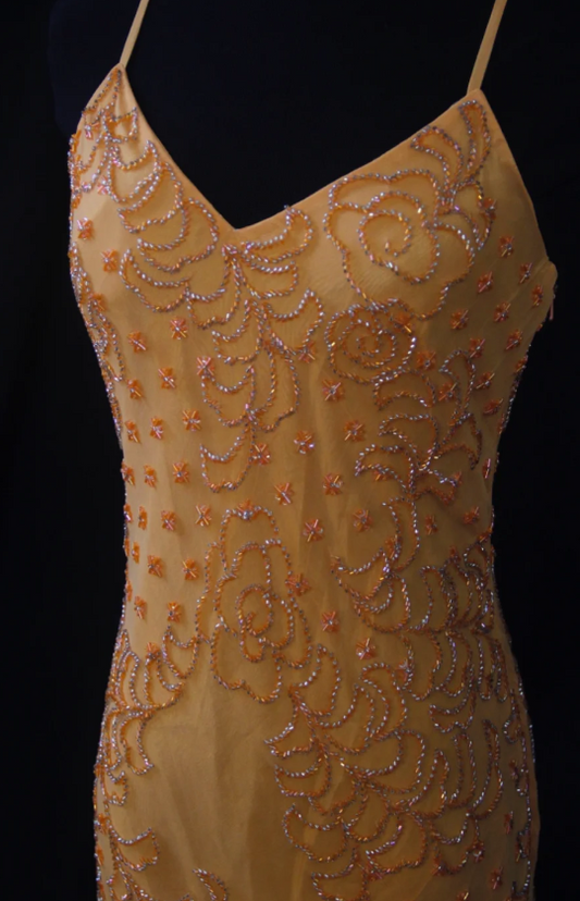 Vintage Spaghetti Strap Sheath Long Prom Dresses Beaded Chiffon Pastel Orange Formal Dresses Sleeveless Evening Gowns ED04898