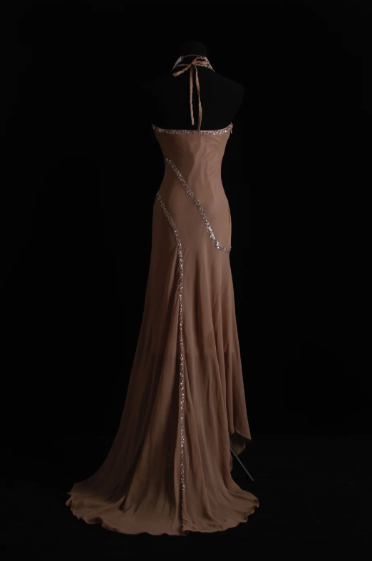 Elegant Spaghetti Strap Sheath Long Prom Dresses Beaded Satin Vintage Champagne Evening Gowns ED04901