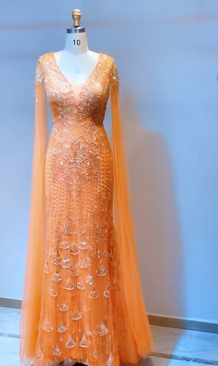Elegant V-neck Sheath Long Prom Dresses Sequined Tulle Orange Formal Dresses Elegant V-neck Sheath Long Prom Dresses Sequin Tulle Orange Formal Dresses Long Sleeve Mother of the Bride Dresses ED04907