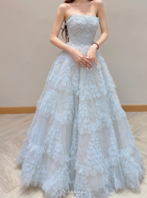 Elegant Strapless A-Line Long Prom Dresses Tulle Ice Blue Formal Dresses Birthday Dresses ED04908