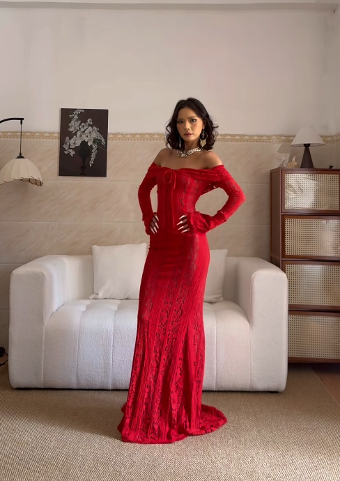 Sexy Off-the-shoulder Sheath Long Prom Dresses, Lace Burgundy Long Birthday Dresses, Long-sleeved Burgundy Formal Dresses ED04911