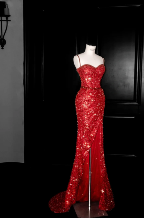 Sexy Spaghetti Strap Sheath Long Prom Dresses, Sequined Burgundy Long Birthday Dresses, Slit Formal Dresses ED04912