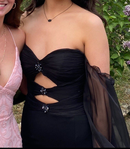 Elegant Off-the-shoulder Sheath Black Long Prom Dresses Chiffon Black Party Dresses with Slits ED04916