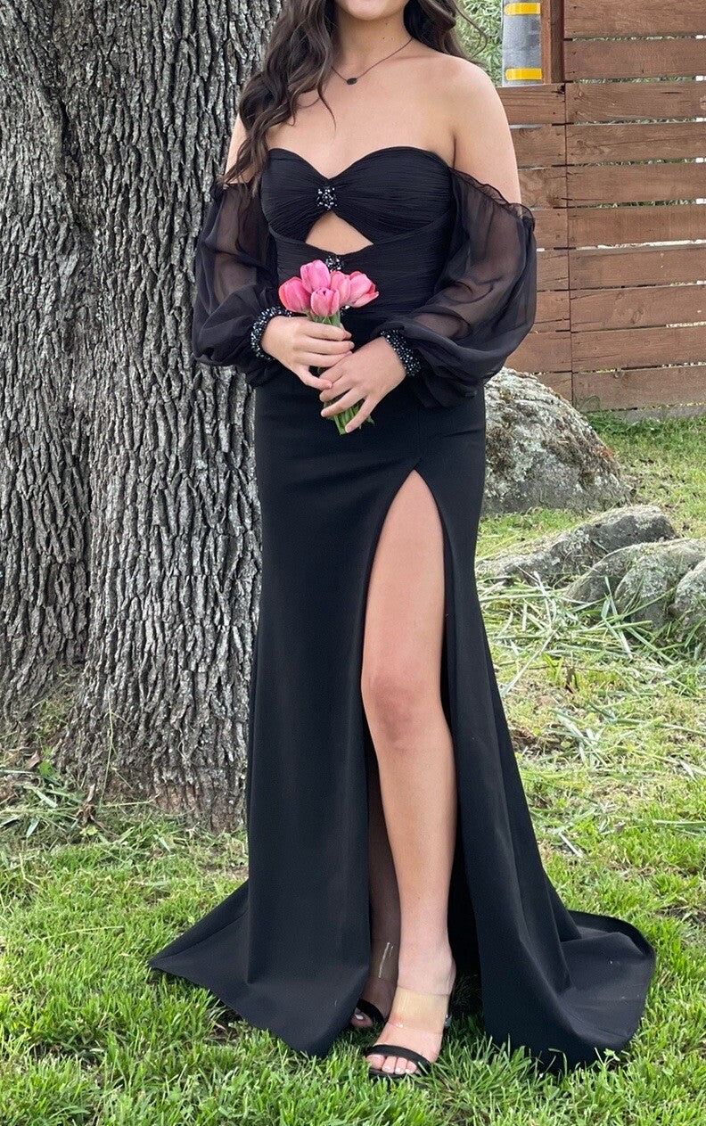 Elegant Off-the-shoulder Sheath Black Long Prom Dresses Chiffon Black Party Dresses with Slits ED04916