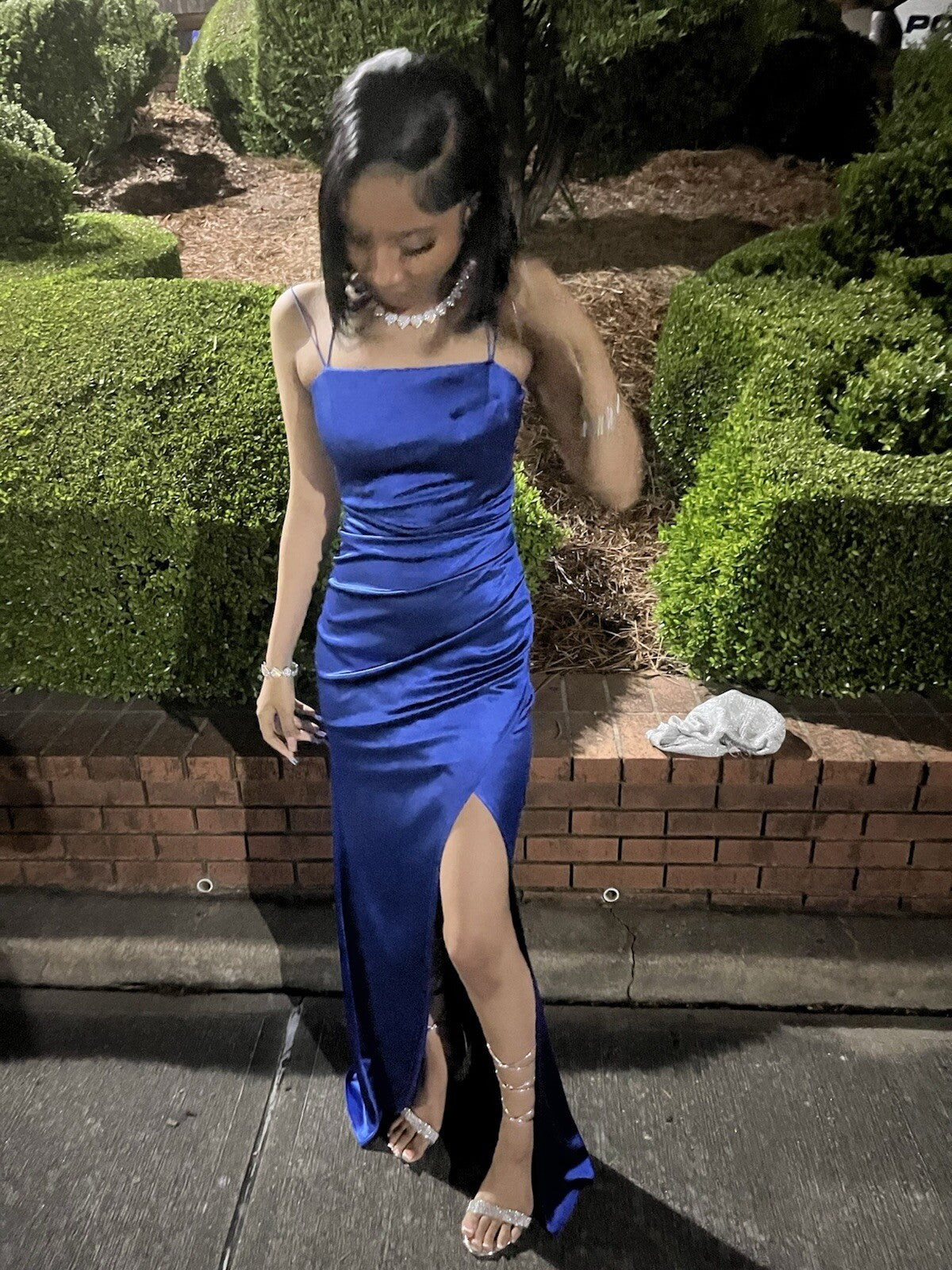 Sexy Spaghetti Strap Sheath Blue Long Prom Dresses with Open Back Satin Blue Slit Long Birthday Dresses ED04919