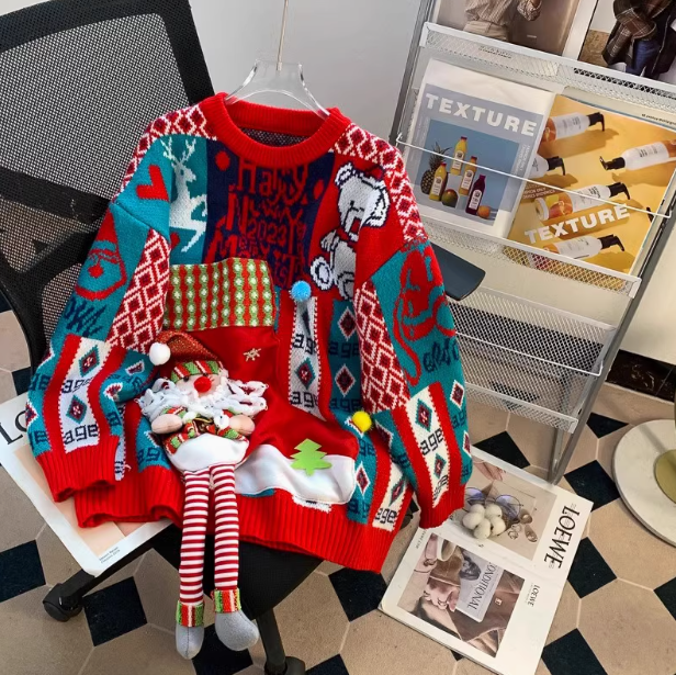 Cute 3D Santa Claus Red Round Neck Pullover Sweater ED0491