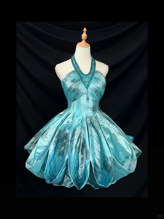 Retro Halter A-line Blue Short Birthday Dresses Satin Blue Party Dresses ED04922