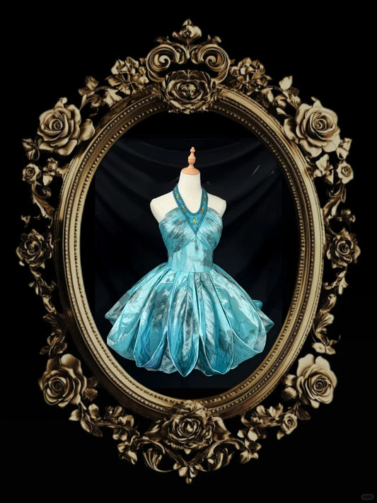 Retro Halter A-line Blue Short Birthday Dresses Satin Blue Party Dresses ED04922