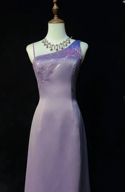 Vintage Asymmetric Neck Sheath Lavender Long Prom Dresses Satin Lavender Evening Dresses ED04932