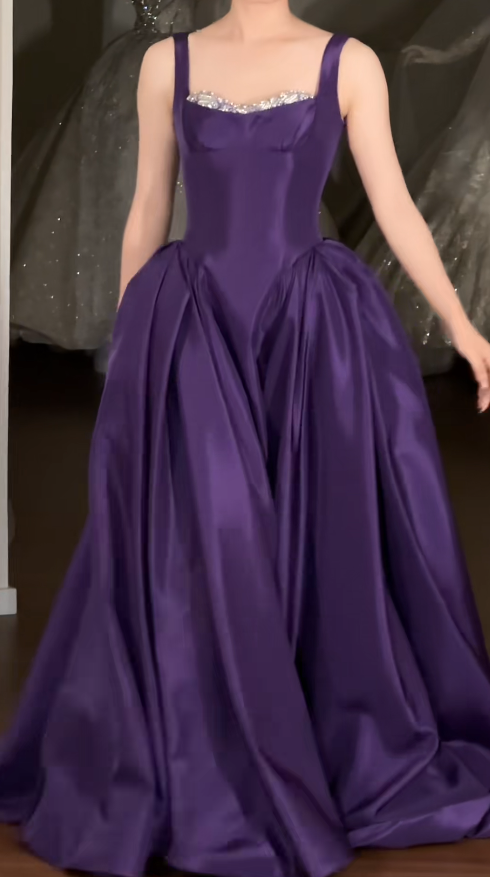 Glam Strap Ball Gown Purple Long Prom Dresses Satin Purple Long Birthday Dresses ED04933