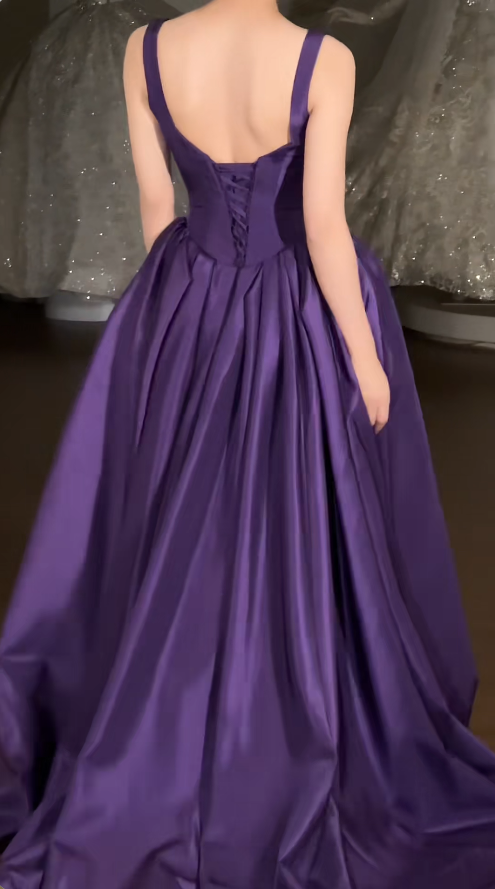 Glam Strap Ball Gown Purple Long Prom Dresses Satin Purple Long Birthday Dresses ED04933