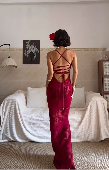 Sexy Spaghetti Strap Mermaid Burgundy Long Prom Dresses Chiffon Applique Burgundy Formal Dresses ED04935