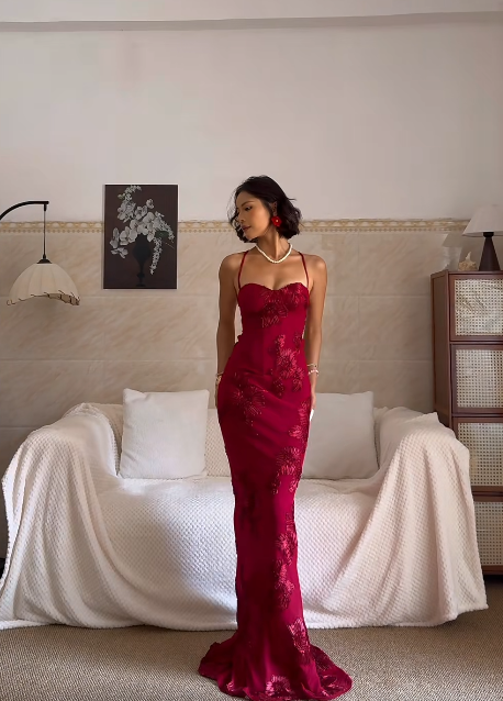 Sexy Spaghetti Strap Mermaid Burgundy Long Prom Dresses Chiffon Applique Burgundy Formal Dresses ED04935