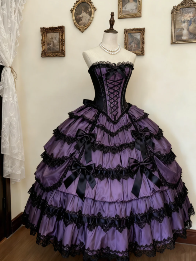 Cute Sweetheart Neck Ball Gown Lace Purple Long Lolita Dresses Purple Long Birthday Dresses ED04938