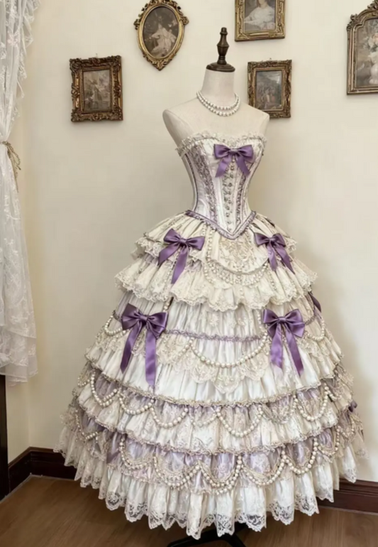 Fairy Sweetheart Ball Gown Lace White Long Lolita Dresses Silk White Long Birthday Dresses ED04939