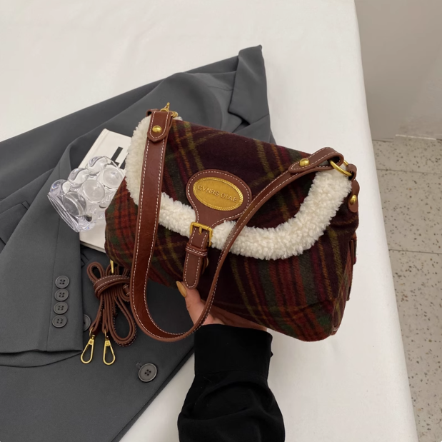 Sac bandoulière rétro coréen en laine à carreaux ED0493