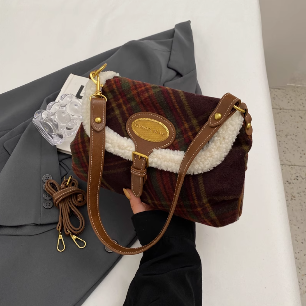 Sac bandoulière rétro coréen en laine à carreaux ED0493