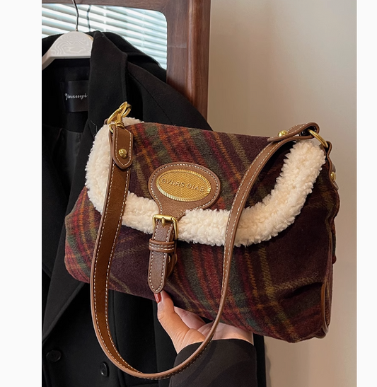 Korean Retro Wool Plaid Crossbody Bag ED0493