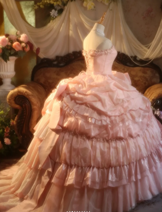 Fairy Strapless Ball Gown Pink Long Prom Dresses Lace Pink Quinceanera Dresses Sweet 16 Dress ED04940