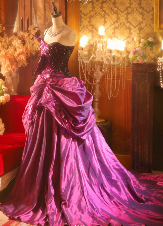 Cute One Shoulder Ball Gown Fuchsia Long Prom Dresses Satin Sequin Fuchsia Quinceanera Dresses Sweet 16 Dress ED04943