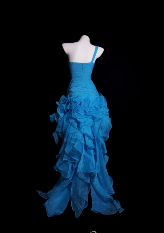 Elegant One Shoulder Sheath Blue Hi-lo Prom Dresses Tulle Blue Evening Dresses ED04946