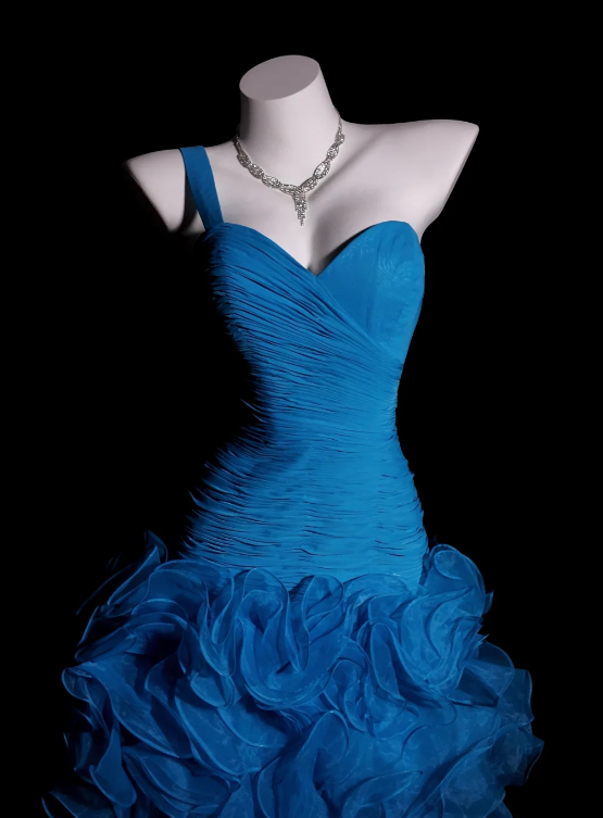 Elegant One Shoulder Sheath Blue Hi-lo Prom Dresses Tulle Blue Evening Dresses ED04946