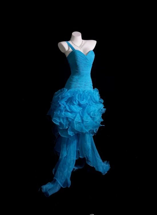 Elegant One Shoulder Sheath Blue Hi-lo Prom Dresses Tulle Blue Evening Dresses ED04946