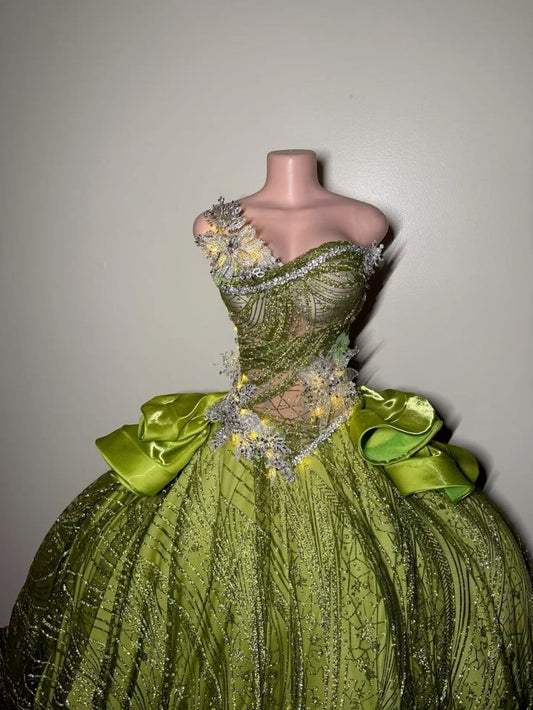 Fairy Sweetheart Ball Gown Green Long Prom Dresses Sparkly Rhinestone Tulle Green Sweet 16 Dress ED04952