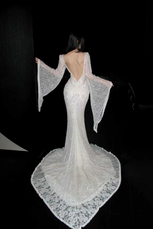 Timeless V-neck Mermaid Wedding Dresses Lace Beading White Bridal Gowns Long Sleeves Backless Bridal Dresses ED04964