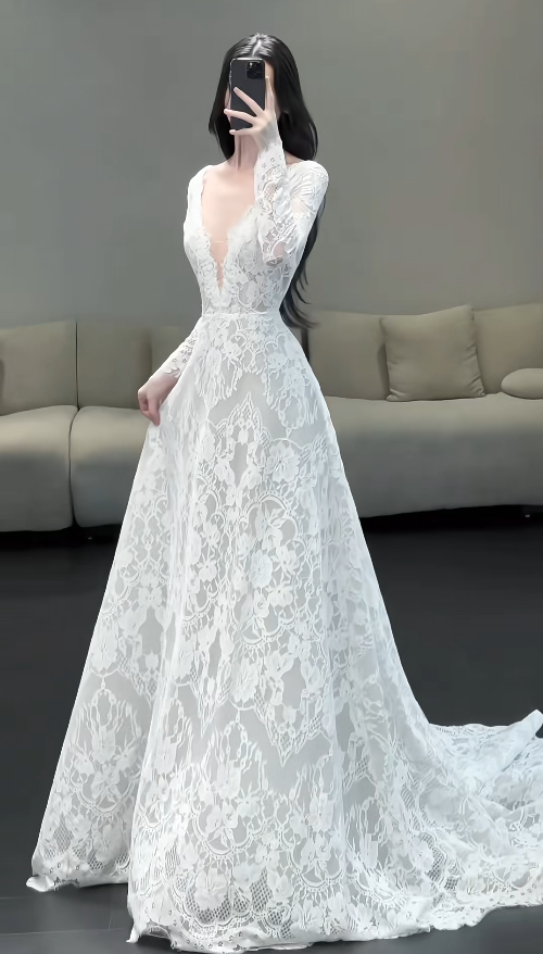 Timeless V-neck Mermaid Wedding Dresses with Train Lace Applique White Bridal Gowns Long Sleeve Bridal Dresses ED04966