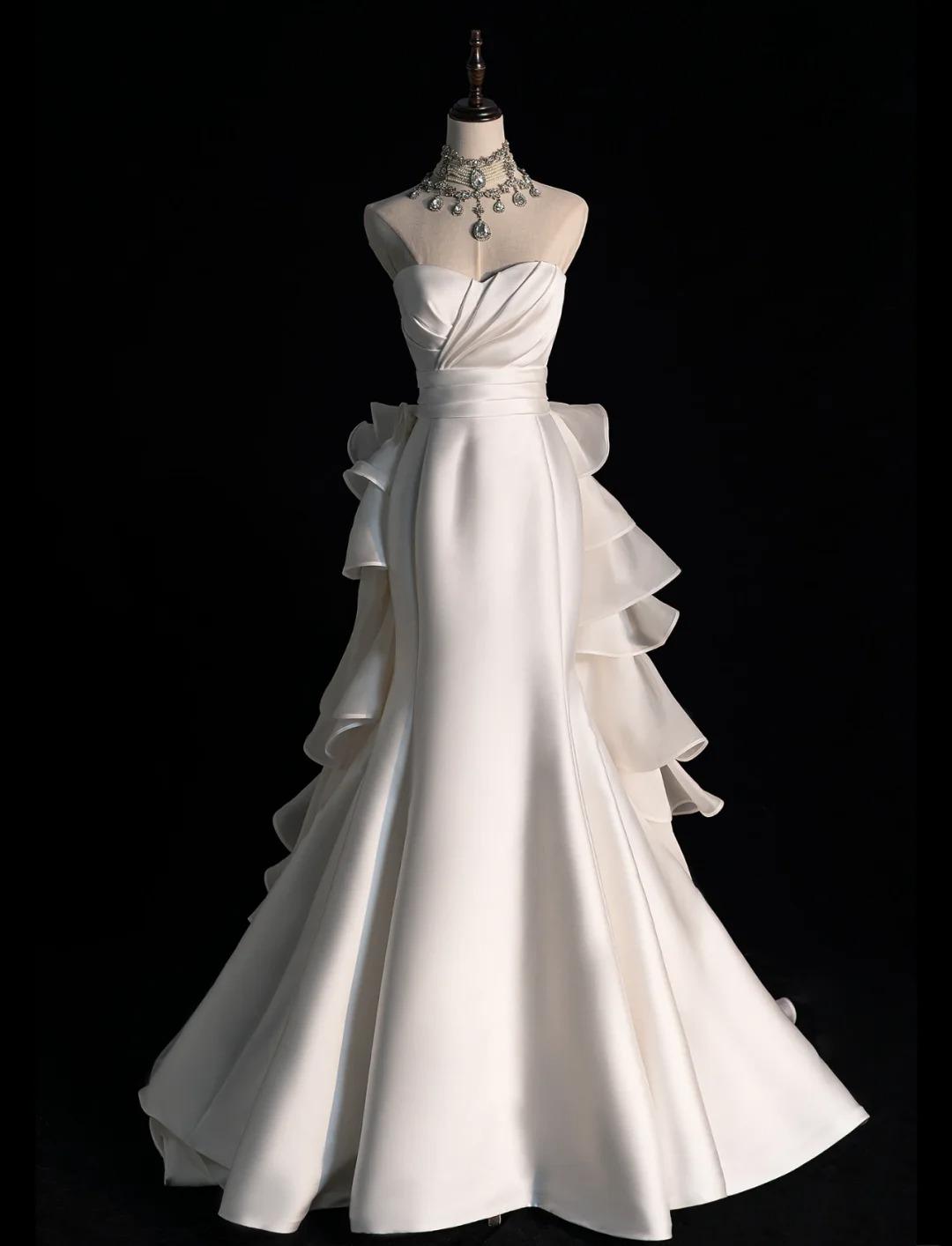 Elegant Strapless Mermaid Long Wedding Dress Sleeveless White Bridal Gown Satin Bride Dress ED04999