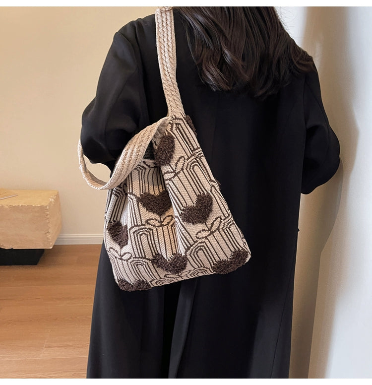 Versatile Heart Embroidery Knitted Shoulder Tote Bag ED0500