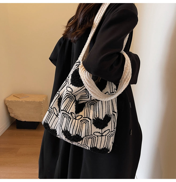 Versatile Heart Embroidery Knitted Shoulder Tote Bag ED0500