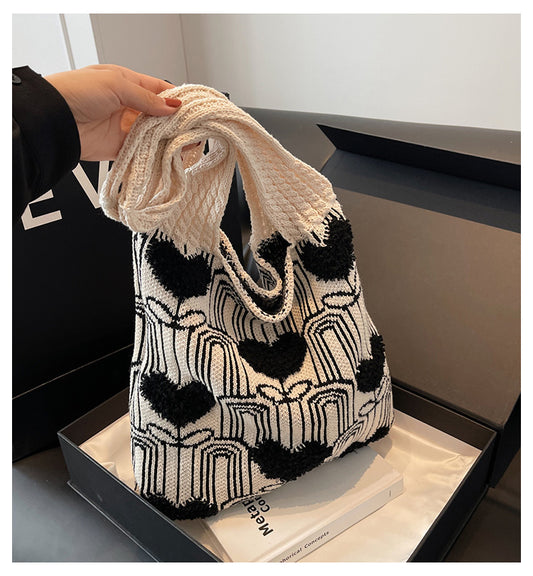 Versatile Heart Embroidery Knitted Shoulder Tote Bag ED0500