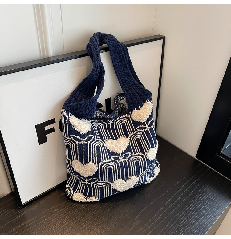 Versatile Heart Embroidery Knitted Shoulder Tote Bag ED0500