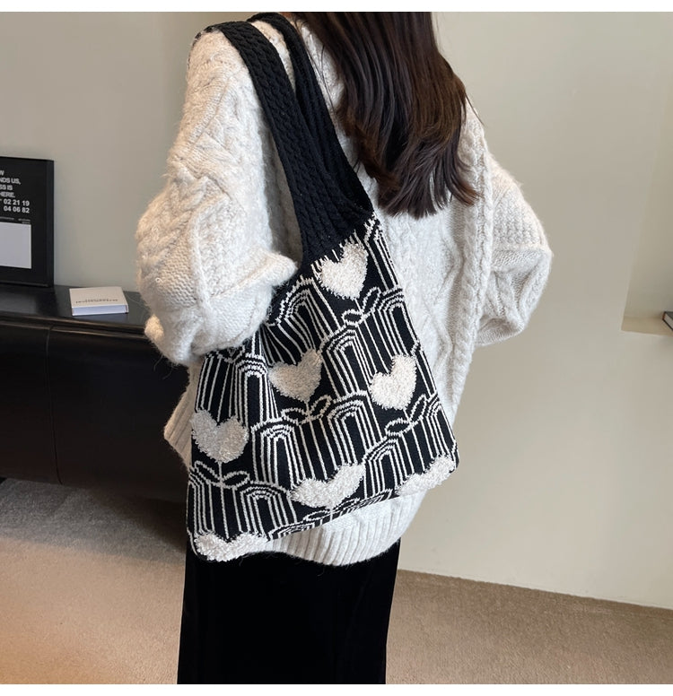 Versatile Heart Embroidery Knitted Shoulder Tote Bag ED0500
