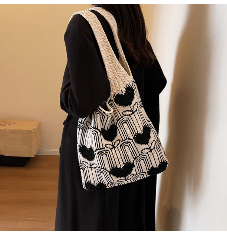 Versatile Heart Embroidery Knitted Shoulder Tote Bag ED0500